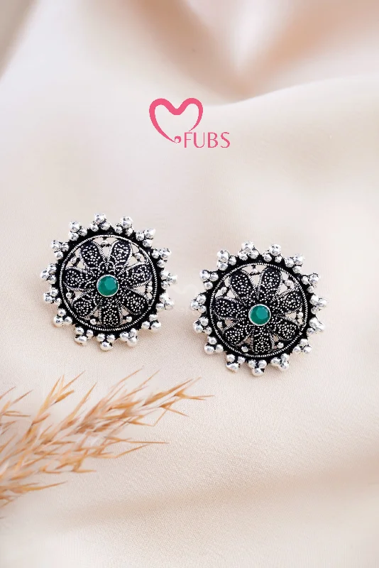 Best hoop earrings with sparkling cubic zirconia for a brilliant, budget-friendly effect-Green Round Shape Oxidized Stone Stud Earring