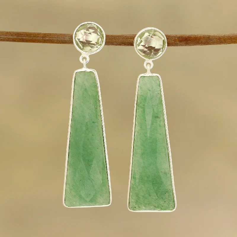 Hoop earrings with cut-out designs for a creative and lightweight effect-Green Towers Aventurine and Prasiolite Dangle Earrings from India