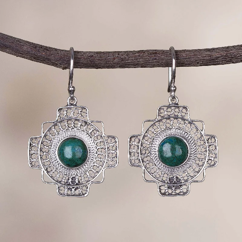 Best hoop earrings with intricate beaded details for a textured, stylish appearance-Green Valley Chakana Chrysocolla Chakana Cross Filigree Dangle Earrings from Peru