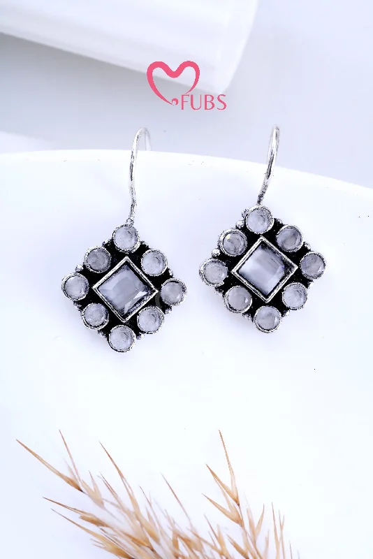 Best hoop earrings with asymmetrical designs for a fashion-forward, avant-garde look-Grey Gleam Square Stone Studded Earrings