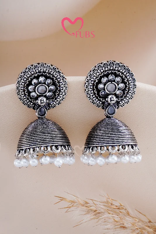 Hoop earrings with luxe velvet finishes for a rich and luxurious touch-Grey Oxidized Silver Shimmer Jhumkas