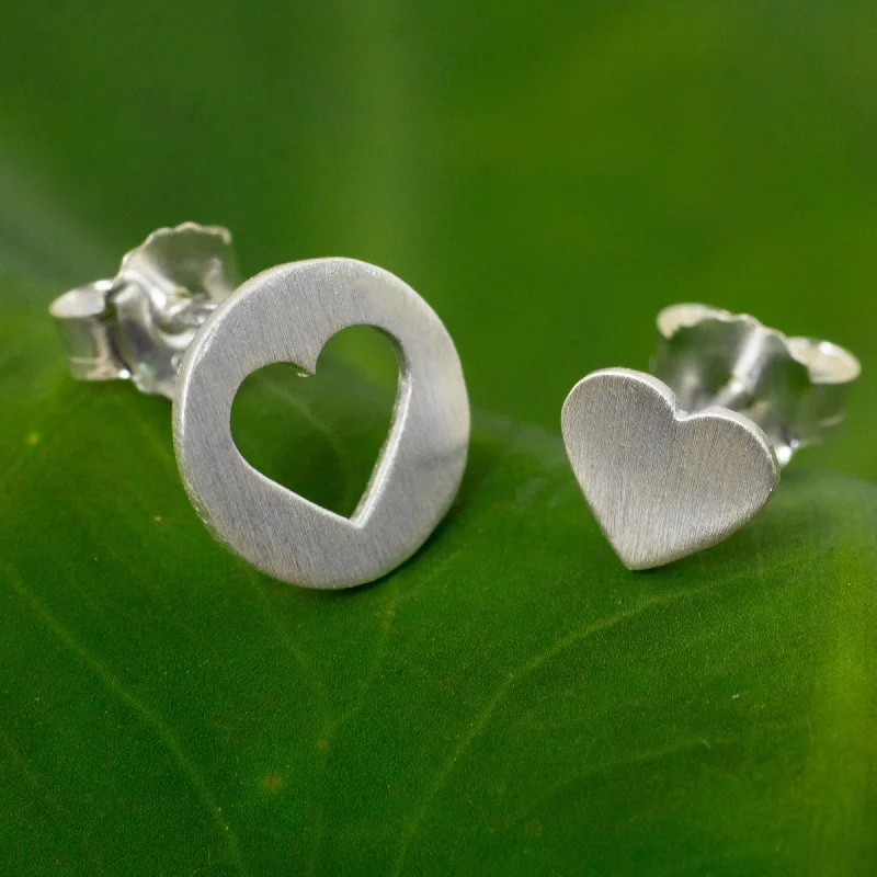 Best hoop earrings with intricate beaded details for a textured, stylish appearance-Heart in the Moon Brushed Silver Heart Earrings in Positive and Negative Space