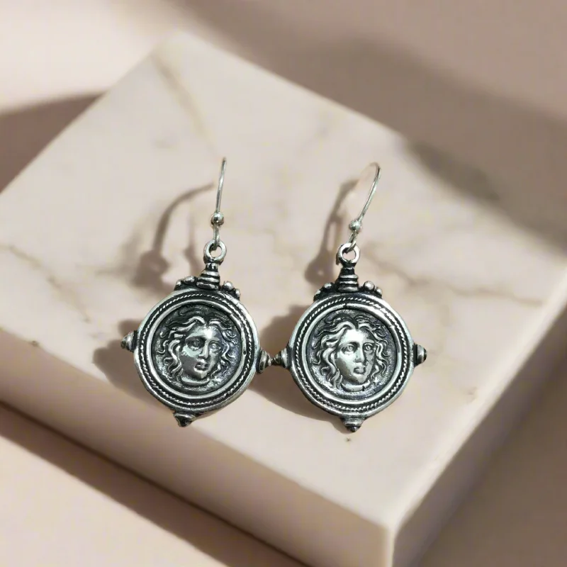 Best hoop earrings with stacked layers for a dimensional and bold look-Helios ancient sun god and rose earrings, Ancient Coinage of Rhodes, Sterling silver earrings, handmade earrings (AG-07)