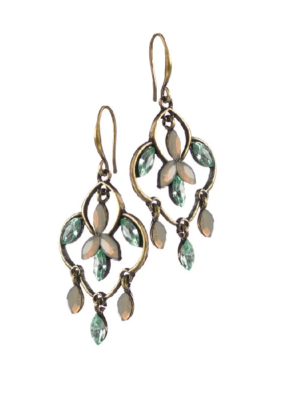 Hoop earrings with faceted crystals for added sparkle and shine-Hot Tomato Ode to Art Nouveau Earrings in Old Gold and Ash Green