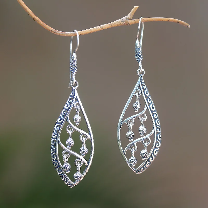 Hoop earrings with dangling charms for a playful and fun look-Indonesian Dew Dangling Sterling Silver Earrings from Bali