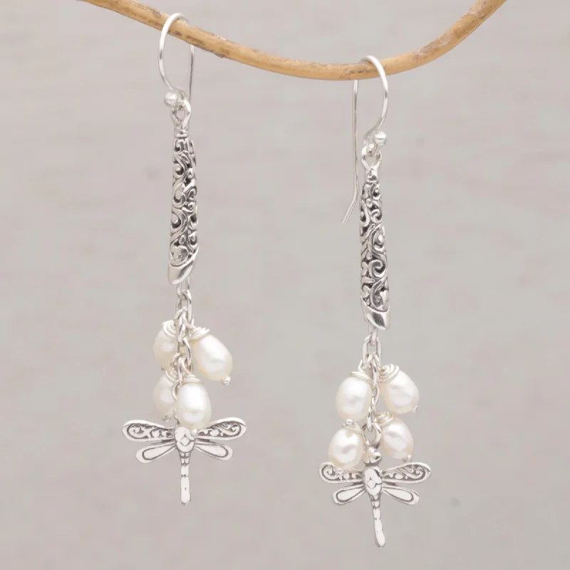 Best hoop earrings with butterfly motifs for a playful and whimsical appearance-Island Dragonflies Handcrafted Balinese 925 Silver and Cultured Pearl Earrings