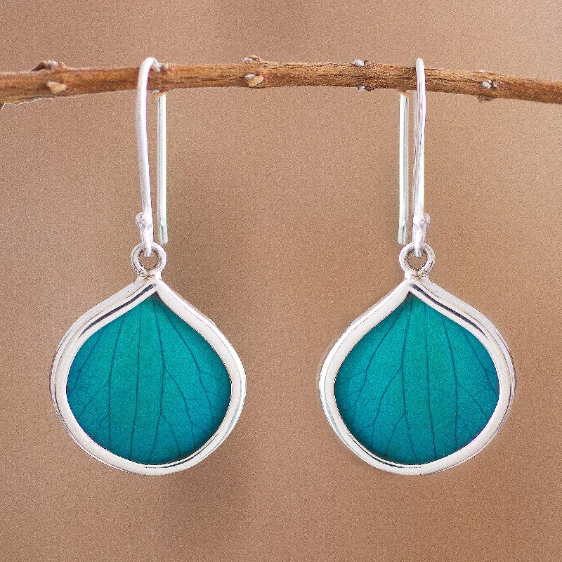 Hoop earrings with abstract wirework for an artistic, unique look-Leaf Drops in Aqua Drop-Shaped Natural Leaf Dangle Earrings in Aqua from Peru