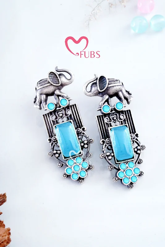 Hoop earrings with leather accents for a sleek and bold combination-Light Blue Mystic Elephant Long Danglers Earrings