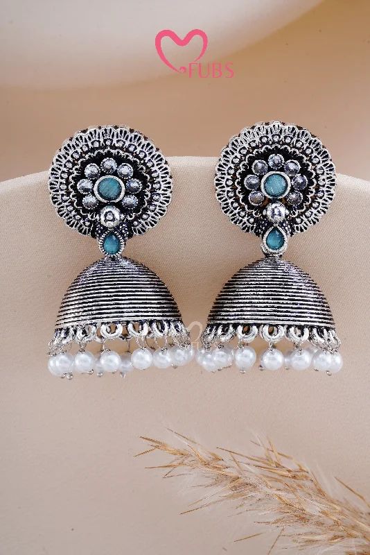 Hoop earrings with stacked layers for a bold and textured design-Light Blue Oxidized Silver Shimmer Jhumkas