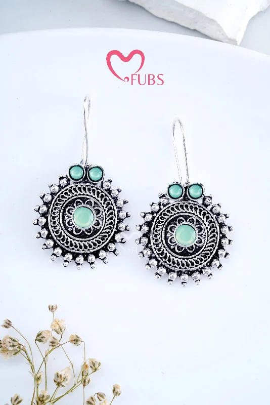 Best hoop earrings with tribal designs for a cultural and exotic aesthetic-Light Green Oxidized Moonlit Round Hooks Earrings