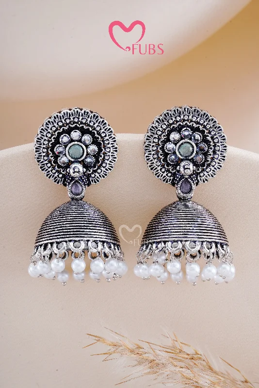 Hoop earrings with rhinestone-studded rims for a glamorous touch-Light Green Oxidized Silver Shimmer Jhumkas