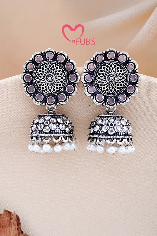 Hoop earrings with textured finishes for a vintage and classic style-Light Pink Oxidized Ethereal Stone Chandrika Jhumka