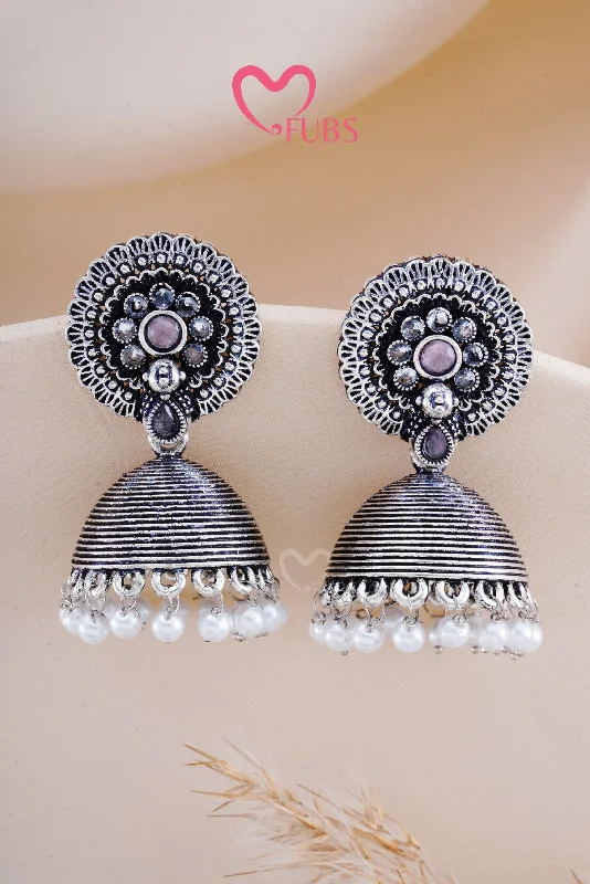 Best hoop earrings with vintage-style detailing for a nostalgic and timeless look-Light Pink Oxidized Silver Shimmer Jhumkas