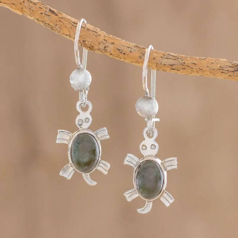 Hoop earrings with satin finishes for a smooth and elegant appearance-Marine Turtles Handcrafted Sterling Silver Sea Life Dangle Jade Earrings