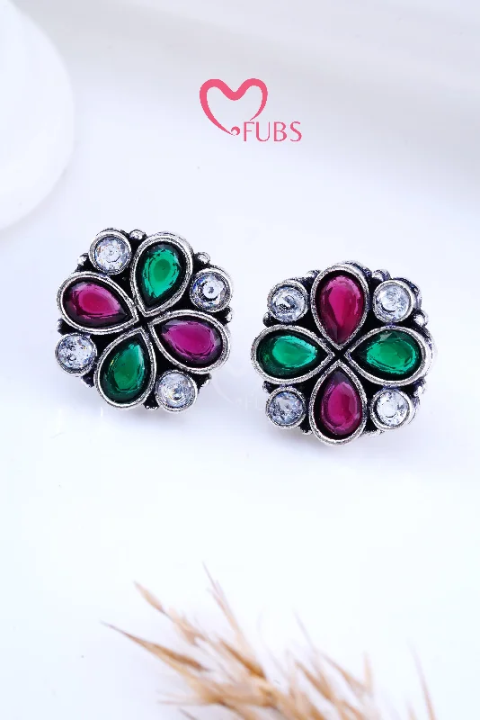 Hoop earrings with intricate designs for a unique and artistic appearance-Maroon & Green Royal Bloom Kundan Studs Earrings