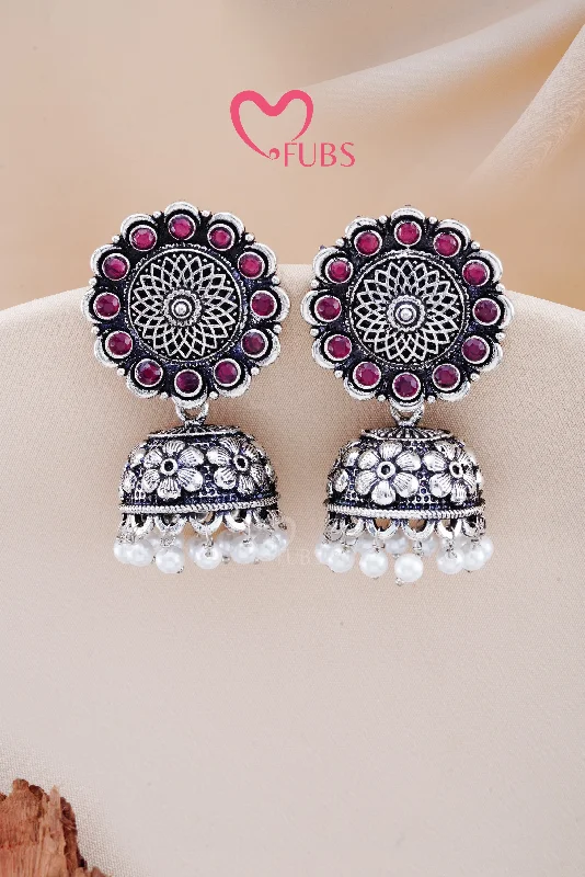 Hoop earrings with a matte black finish for a sleek, edgy vibe-Maroon Oxidized Ethereal Stone Chandrika Jhumka