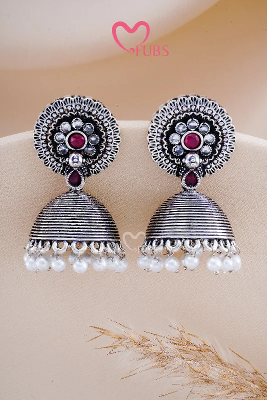 Hoop earrings with enamel stripes for a colorful and eye-catching design-Maroon Oxidized Silver Shimmer Jhumkas