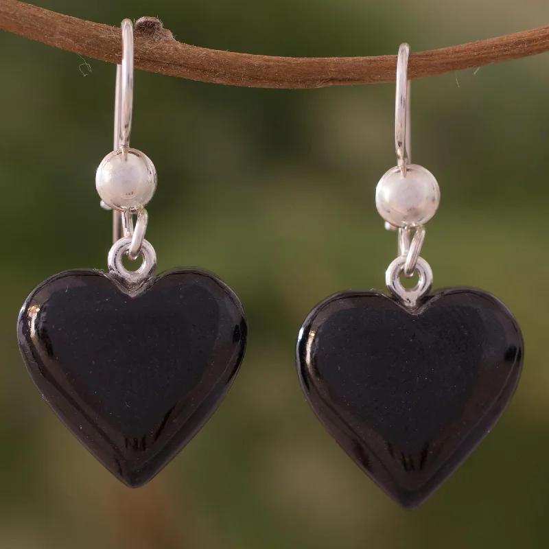 Best hoop earrings with sterling silver for an affordable and chic design-Mayan Heart in Black Black Heart Shaped Jade Silver Dangle Earrings Guatemala