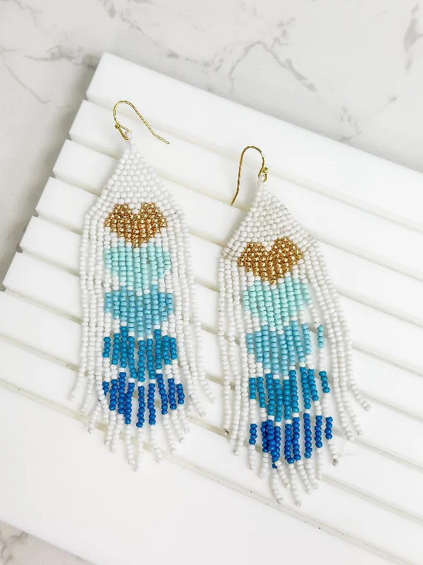 Hoop earrings with heart-shaped frames for a romantic and feminine look-Ombre Heart Fringe Dangle Earrings - Blue