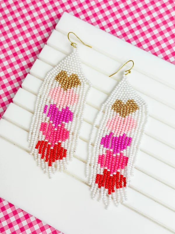 Hoop earrings with rhinestone-studded rims for a glamorous touch-Ombre Heart Fringe Dangle Earrings - Pink