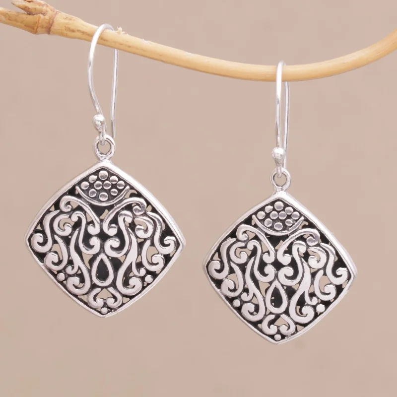 Hoop earrings with abstract wirework for an artistic, unique look-Paradise Window Sterling Silver Diamond-Shaped Scroll Work Dangle Earrings