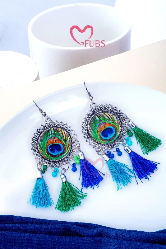 Hoop earrings with rhinestone-studded rims for a glamorous touch-Peacock feather Tassel Hook Earrings