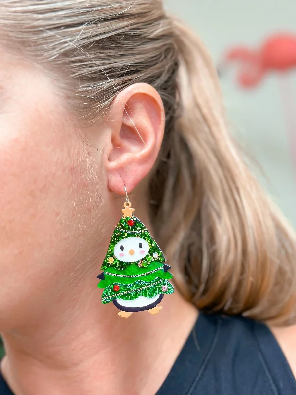 Best hoop earrings with butterfly motifs for a playful and whimsical appearance-Penguin Christmas Tree Dangle Earrings