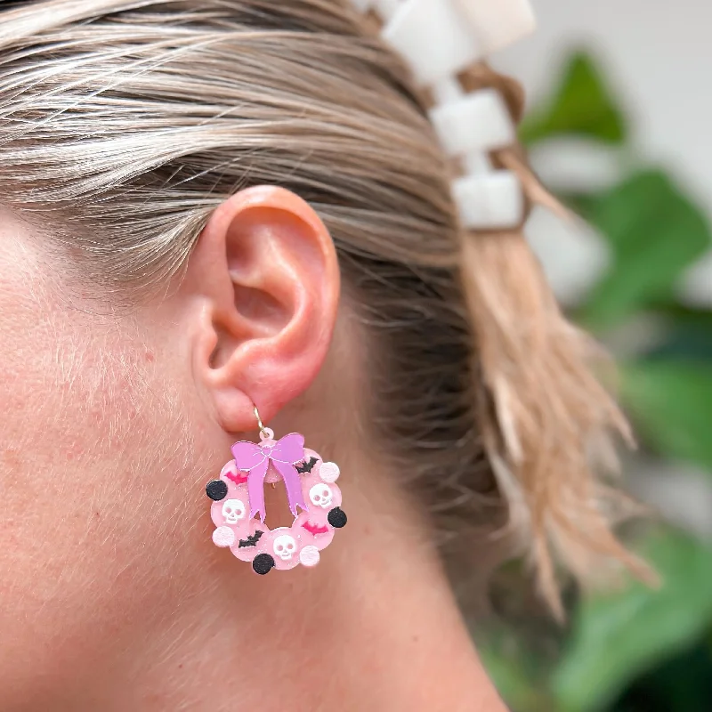 Hoop earrings with polished silver finish for a shiny, modern appeal-Pink Halloween Wreath Dangle Earrings