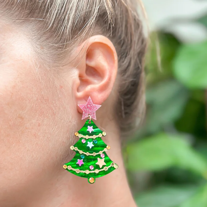 Best hoop earrings with sparkling cubic zirconia for a brilliant, budget-friendly effect-Pink Star Christmas Tree Dangle Earrings