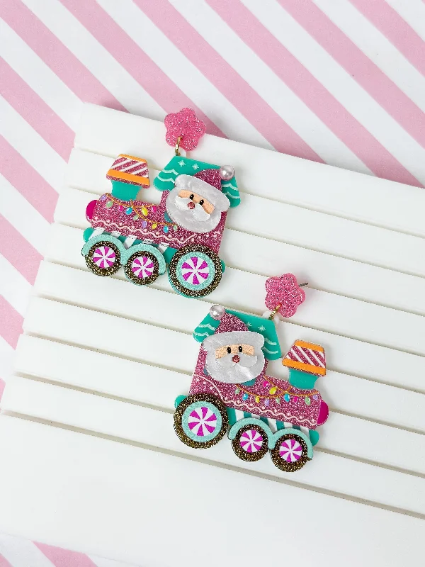 Hoop earrings with intricate designs for a unique and artistic appearance-Santa's Train Glitter Dangle Earrings