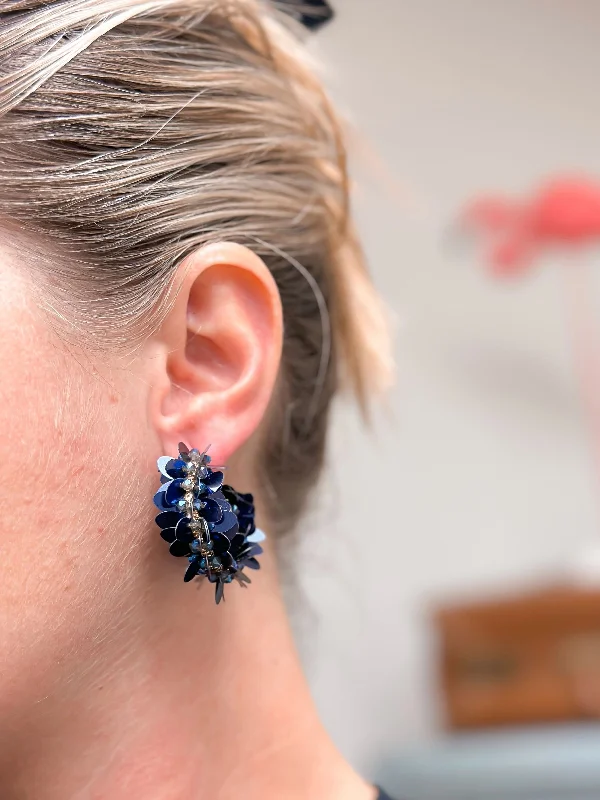 Hoop earrings with polished silver finish for a shiny, modern appeal-Shiny Sequin Hoop Earrings - Navy Blue