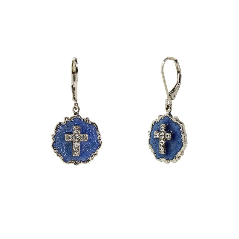 Hoop earrings with satin finishes for a smooth and elegant appearance-Symbols of Faith Blue Enamel Crystal Cross Round Earrings