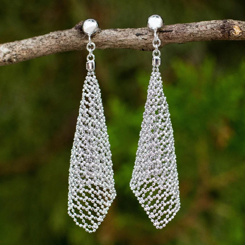 Hoop earrings with braided patterns for a detailed and textured finish-Sparkling Cornets Hand Crafted Sterling Silver Bead Chain Dangle Earrings