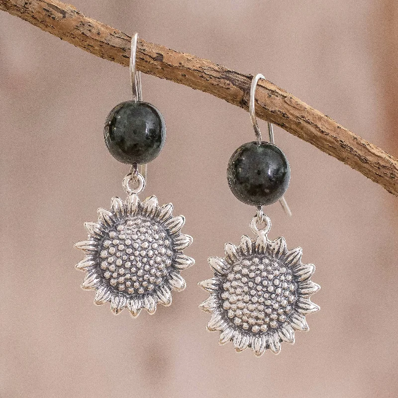 Hoop earrings with gold accents for a warm, elegant statement piece-Sunflower Nature Jade Sunflower Dangle Earrings from Guatemala