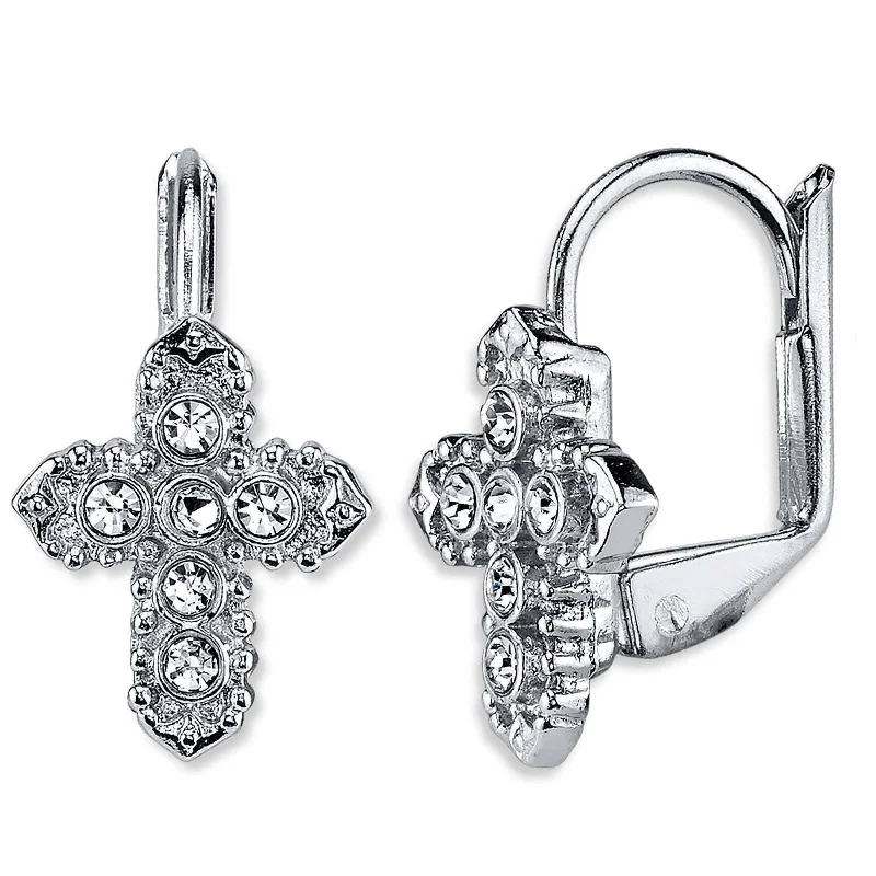 Best hoop earrings with oval shapes for a unique and elongated design-Symbols Of Faith Crystal Cross Lever Back Earrings