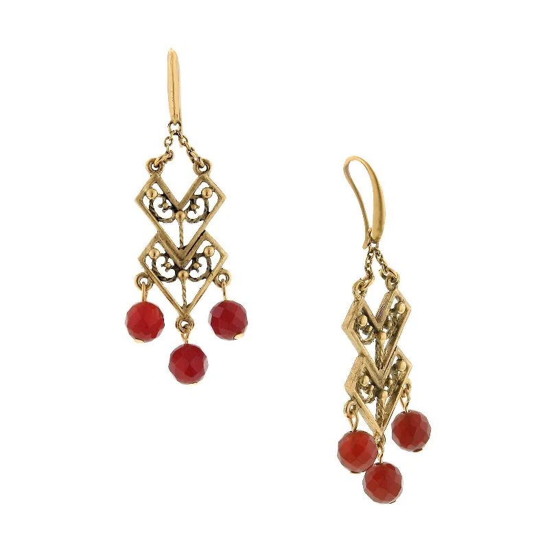 Hoop earrings with luxe velvet finishes for a rich and luxurious touch-T.R.U. Matte Antique Gold Carnelian Chevron Round Faceted Carnelian Bead Dangling Earrings