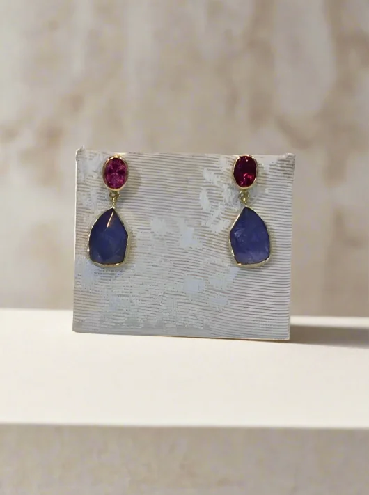 Best hoop earrings with detachable studs for a versatile and adjustable accessory-Tanzanite funcy cut and pink tourmaline 18k earrings, one of a kind, Fine earrings, handmade earrings, Greek jewelry