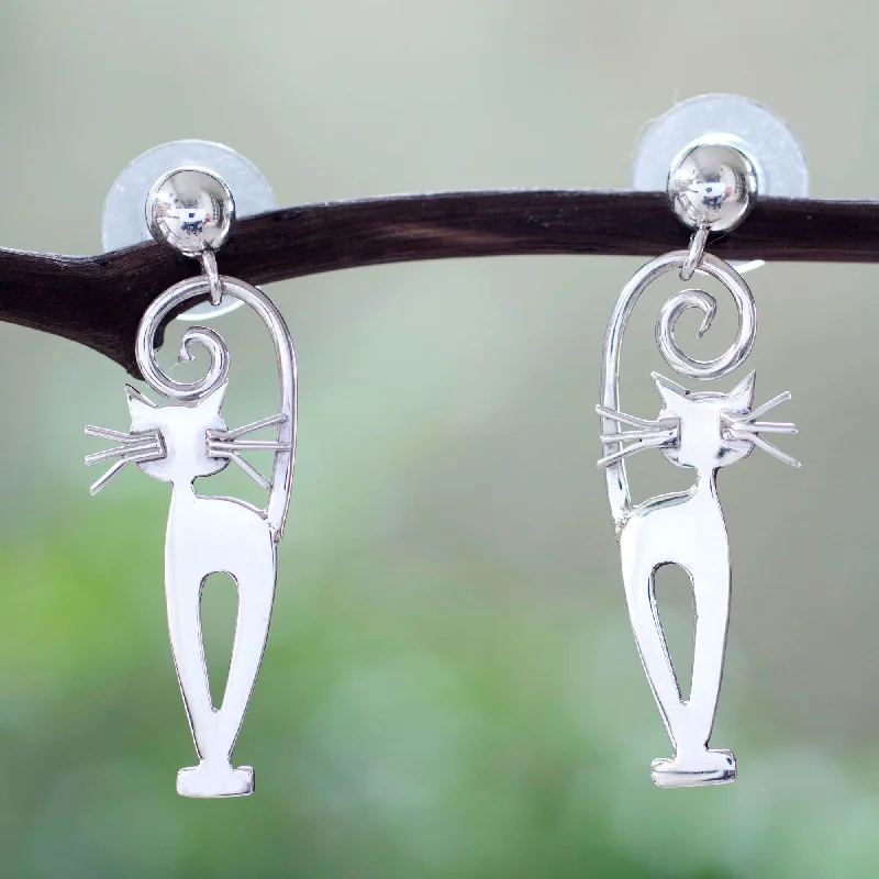 Best hoop earrings with matching bracelets for a coordinated jewelry set-Taxco Cat Taxco Silver Kitty Cat Earrings