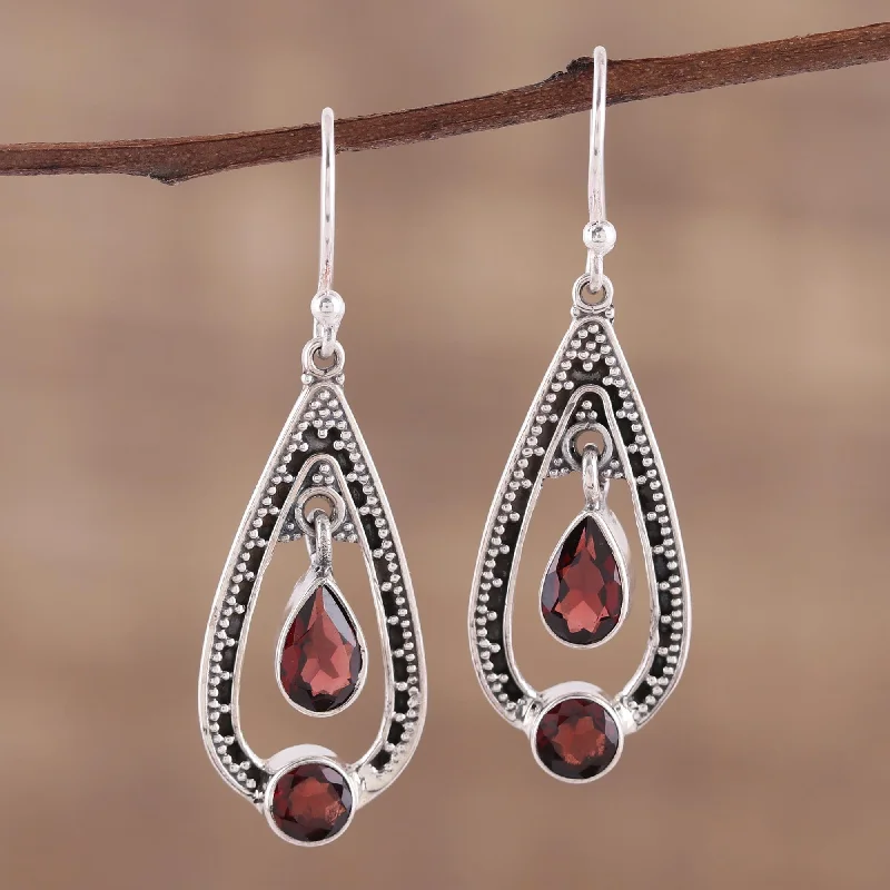 Hoop earrings with hearts for a sweet and romantic gesture-Teardrop Romance Garnet and Sterling Silver Dangle Earrings from India