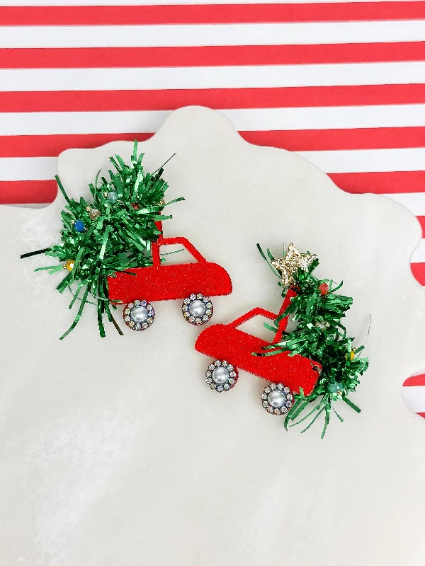 Hoop earrings with oversized designs for a bold, fashion-forward statement-Tinsel Christmas Tree Truck Dangle Earrings