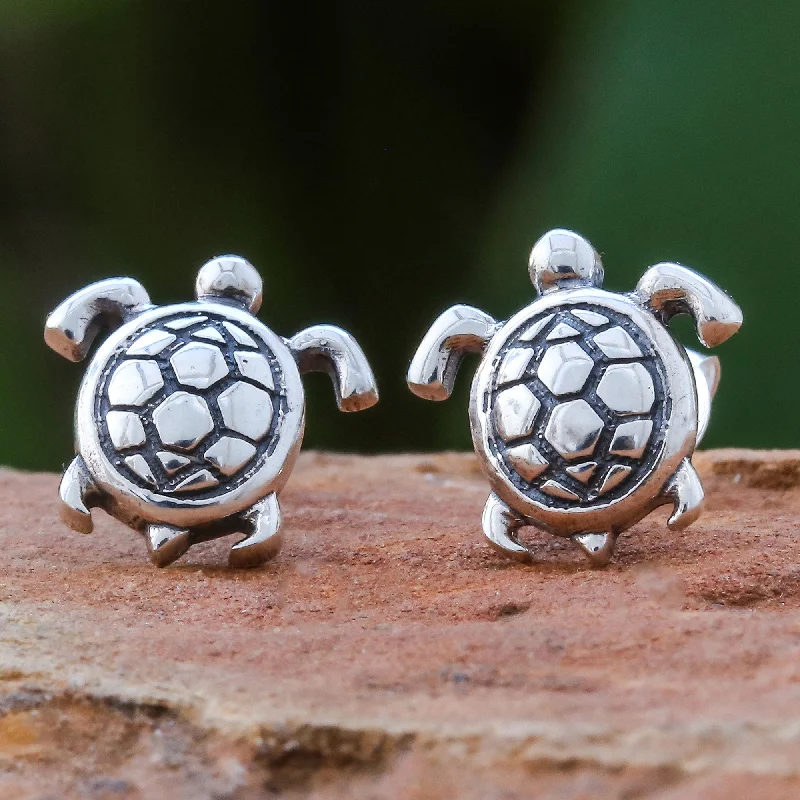 Hoop earrings with hammered copper for a warm and rustic aesthetic-Tiny Turtles Thai Artisan Handcrafted Sterling Silver Turtle Earrings