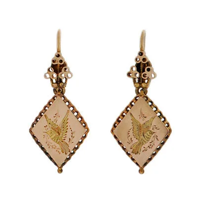 Best hoop earrings with geometric triangle shapes for a modern, chic design-Victorian 14kt Etched Bird & Fine Wirework Earrings