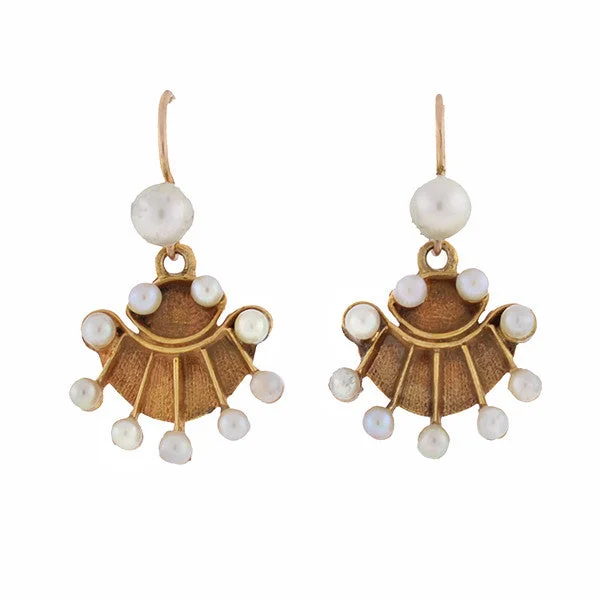 Hoop earrings with oversized pearl accents for a statement-making look-Vintage 14kt Gold Pearl Fan Earrings