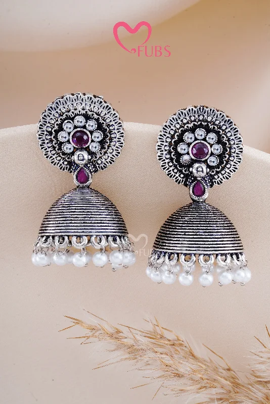 Hoop earrings with snake print designs for an edgy, wild appearance-Violet Oxidized Silver Shimmer Jhumkas