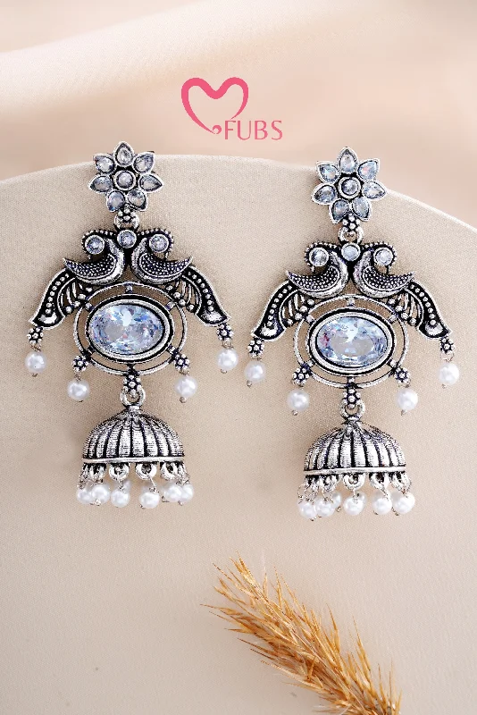 Hoop earrings with oversized pearl accents for a statement-making look-White Ethereal Kundan Feather Dancing Peacock