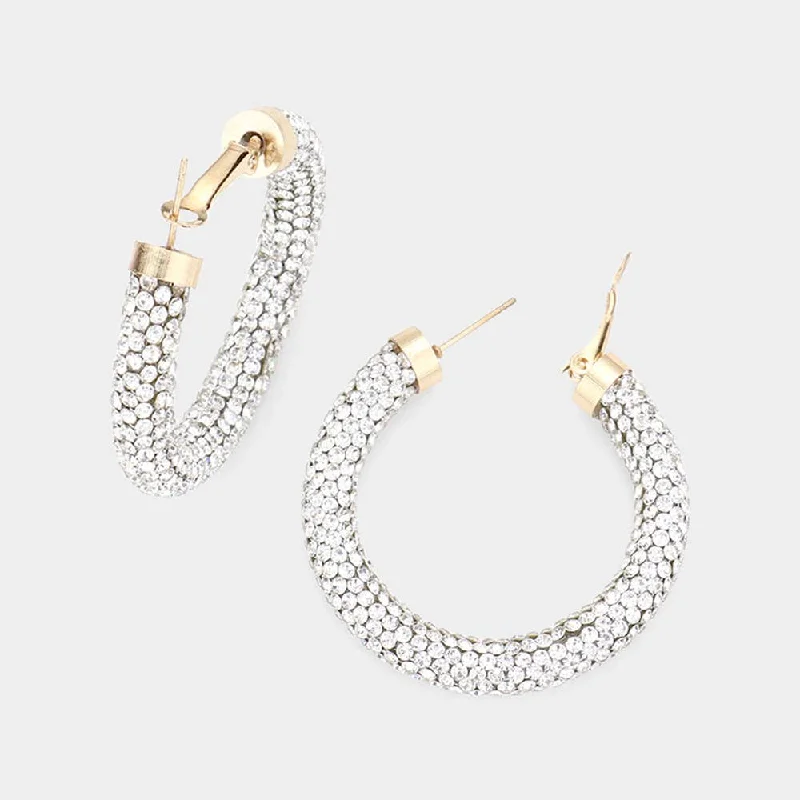 Hoop earrings with a matte finish for a sleek and sophisticated appearance-Wona Trading, Inc. - Rhinestone Pave Hoop Earrings