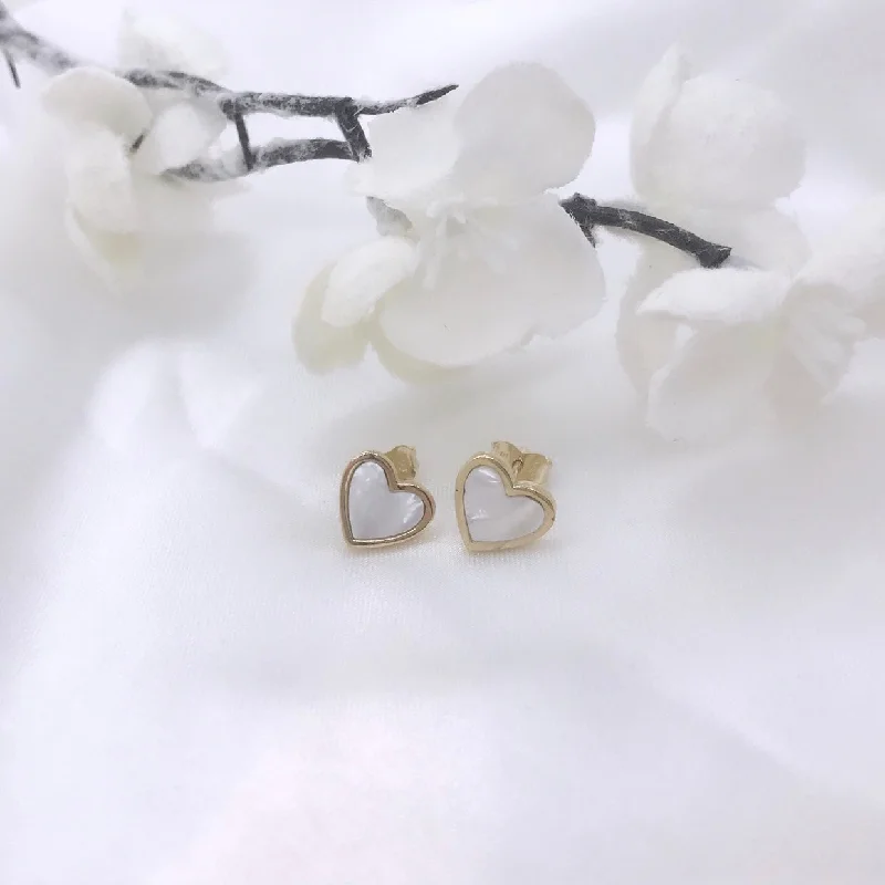 Oval Stud Earrings for Grace -10k Gold Mother of Pearl Heart Stud Earrings