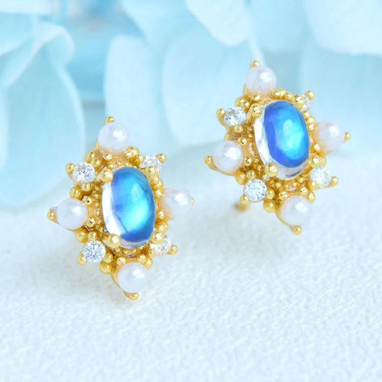 Adjustable Stud Earrings for Custom Fit -Chic Ladies Genuine Moonstone Stud Earrings Gold Plated Silver For Women