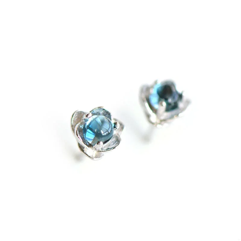 Indian Stud Earrings with Intricacy -Blue Topaz Stud Earrings in Sterling Silver November Birthstone Handmade Jewelry