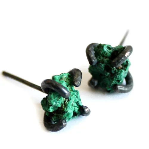 Punk Stud Earrings with Spikes -Natural Malachite Stud Earrings in Vintage Silver Handmade Jewelry Accessories Women and Men